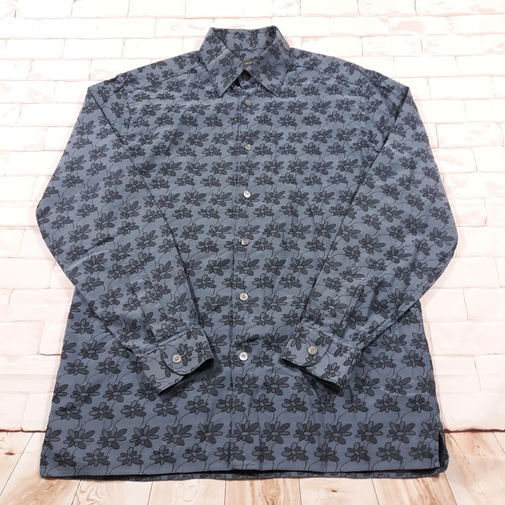 Ermenegildo Zegna Button Up Shirt Mens Fits As Large Floral Blue Cotton Designer